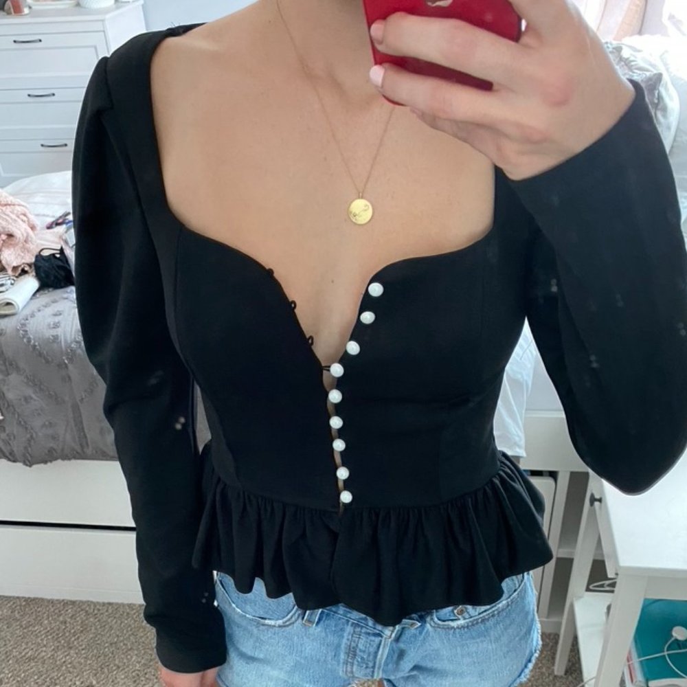 Verge Girl Vintage Pearl Button Up Puff Sleeve Top